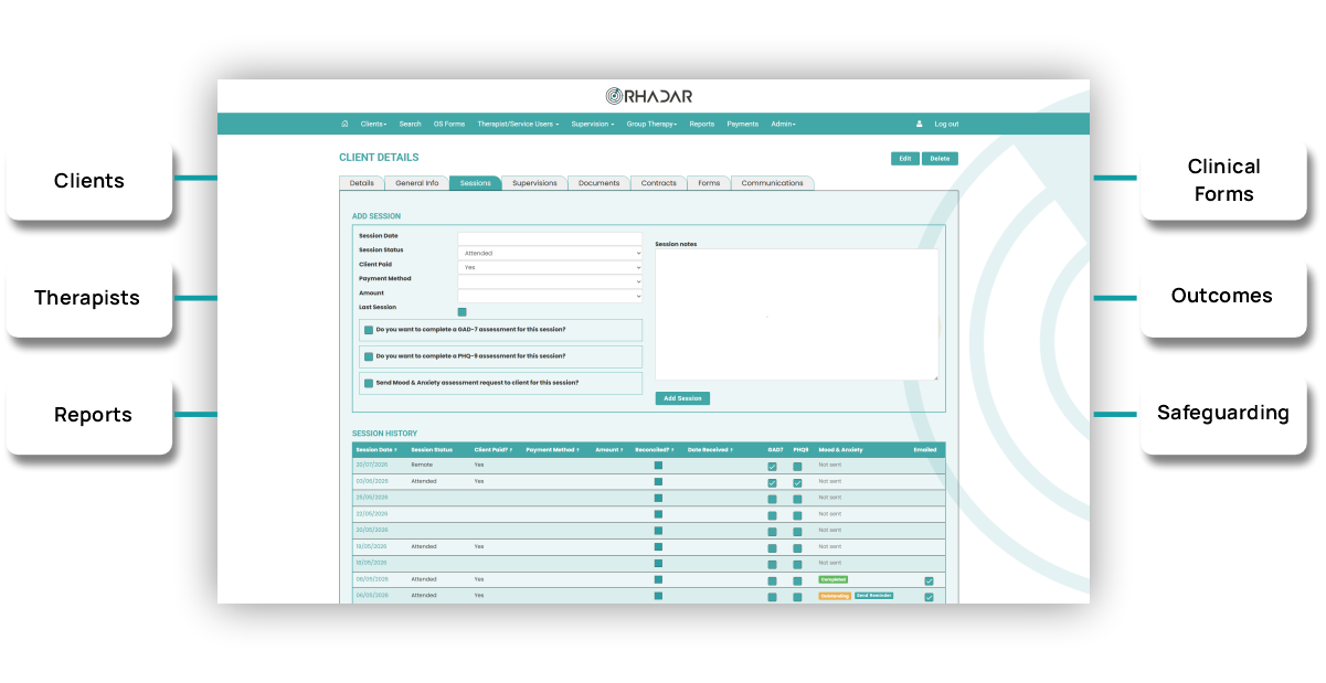 Rhadar client details and clinical management interface
