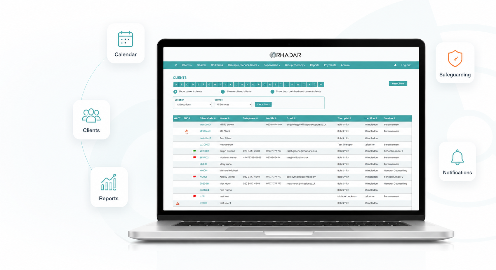 Rhadar dashboard showing secure client and therapy session management