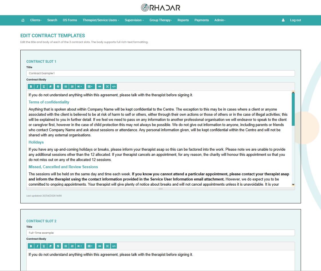 Rhadar Client Contract Administration