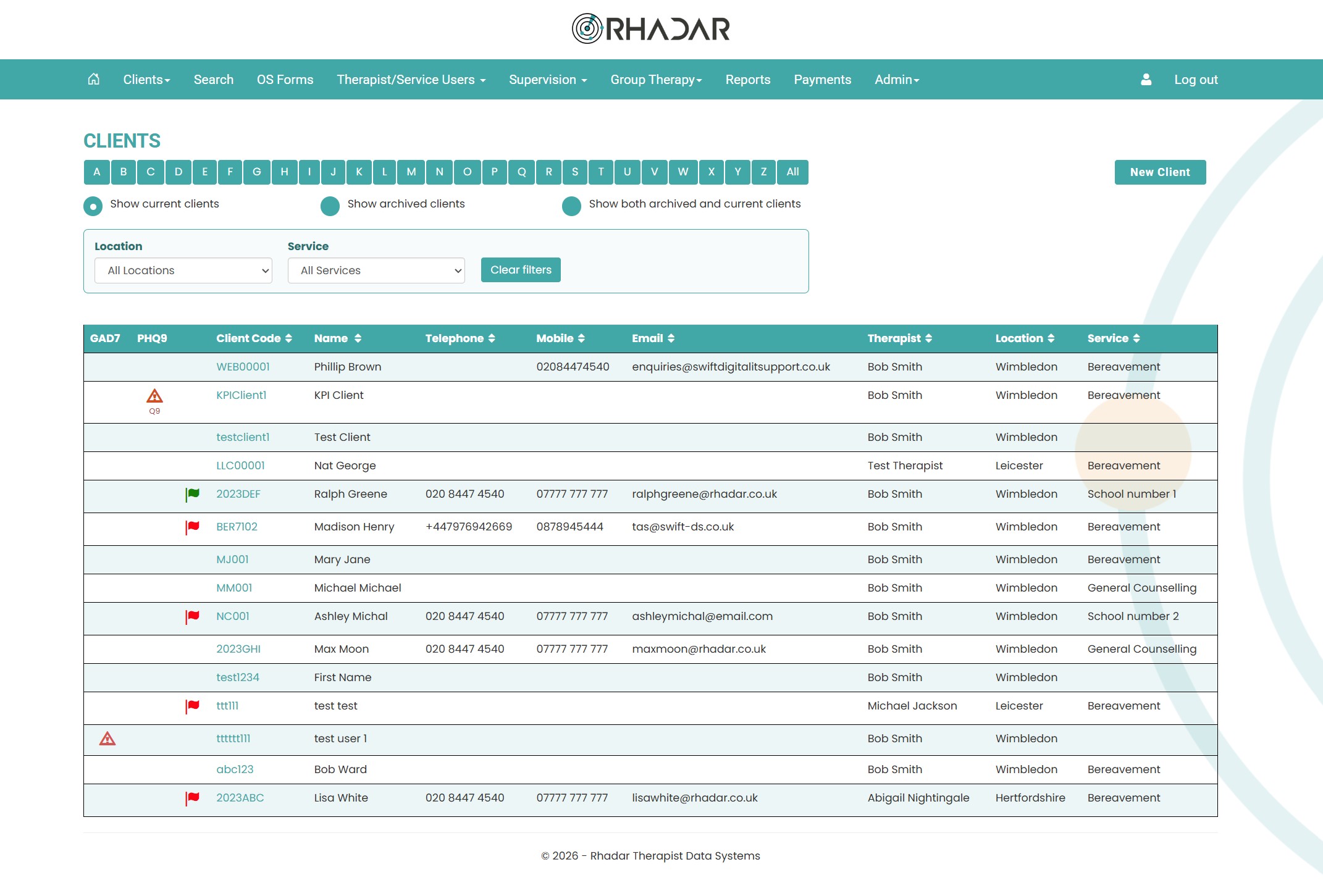 Rhadar Client List screen