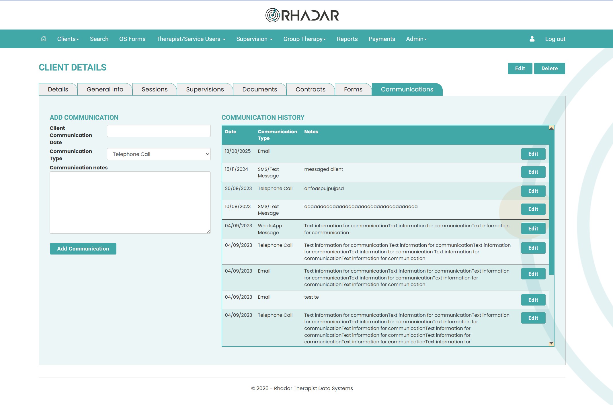 Rhadar Client Session Communication log