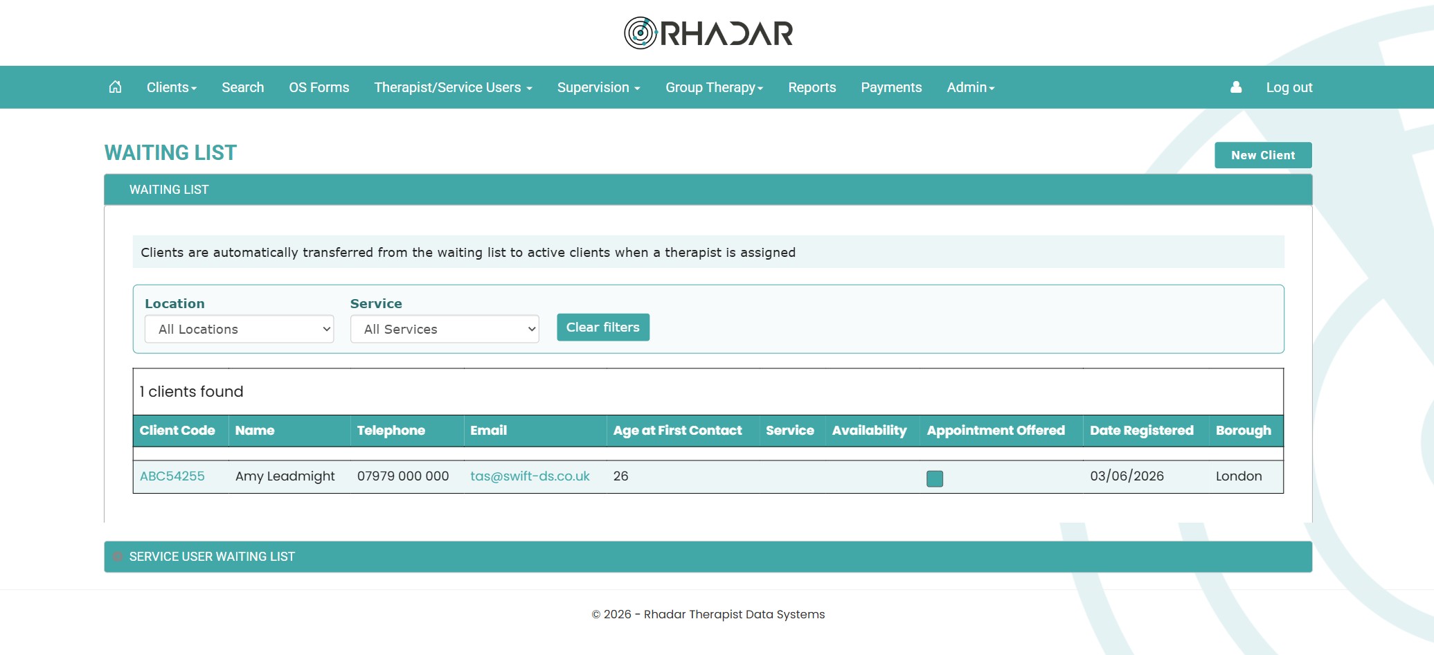 Rhadar waiting list dashboard showing status, priority and next actions