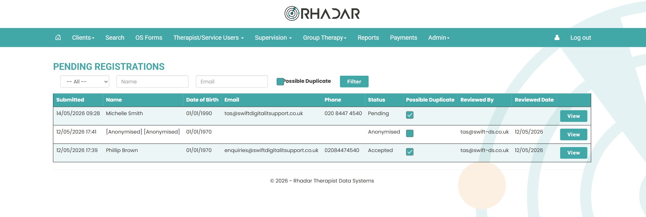 Rhadar Self-Registration integration with website