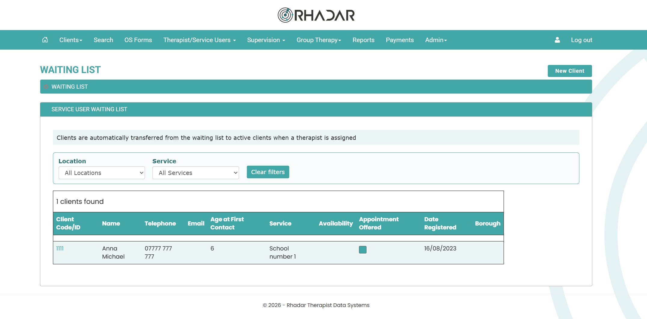 Rhadar Service User Waiting list screen shot