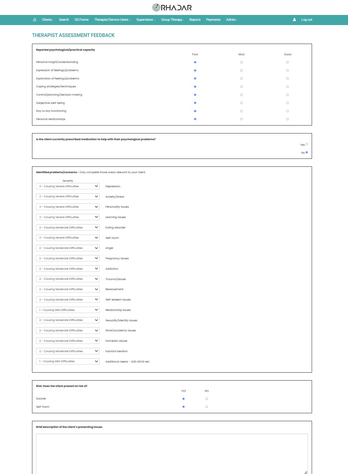 Rhadar Therapist Assessment forms
