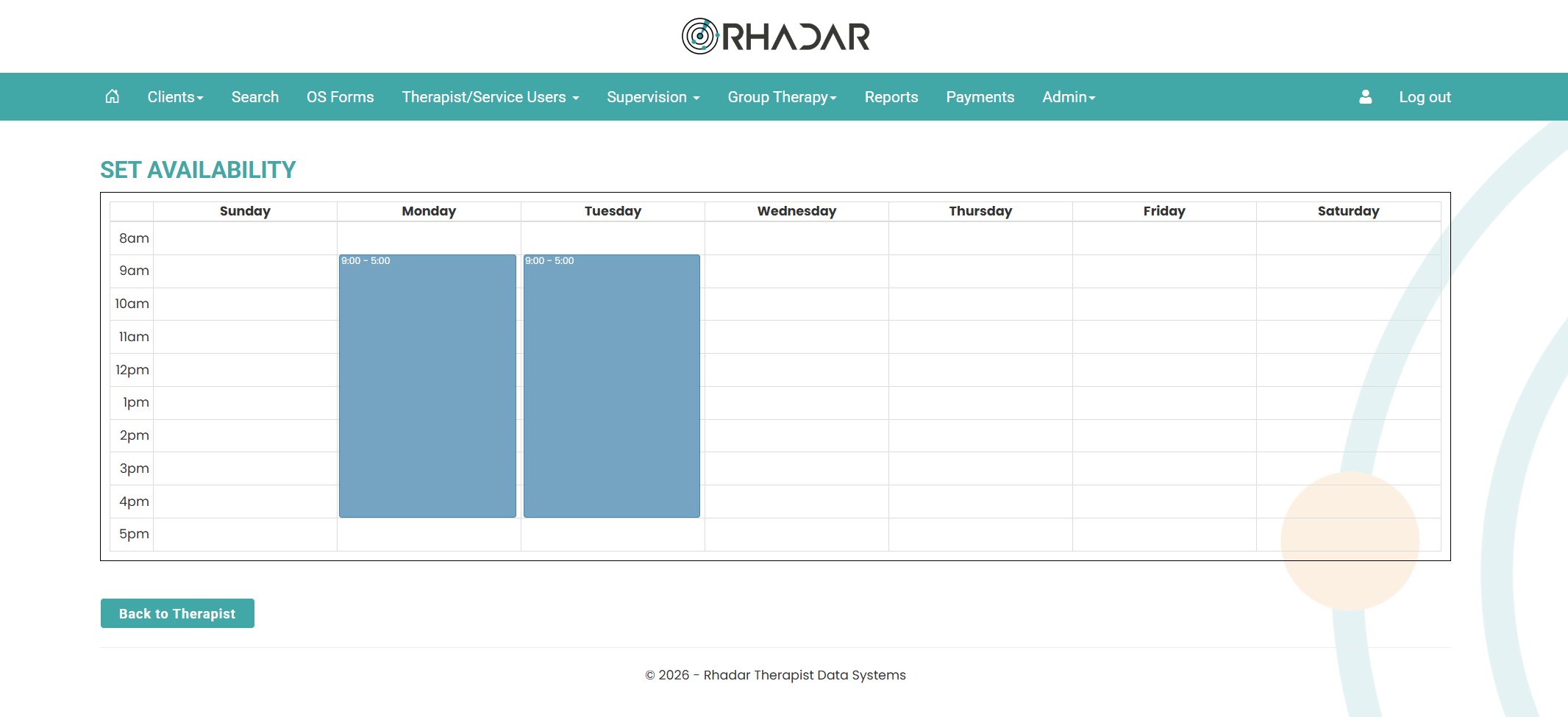 Rhadar Therapist Availability