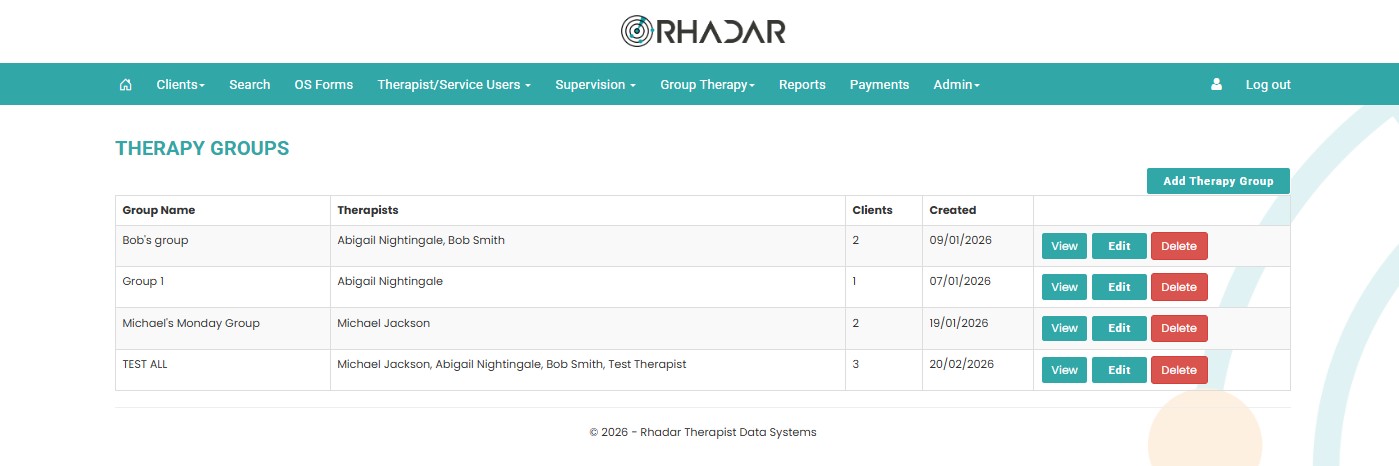 Rhadar Group Therapy Sessions List